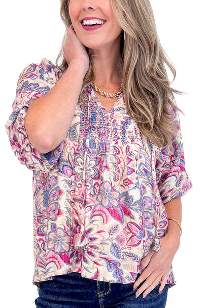 A New Season pink and blue paisley printed top - detail front model shot