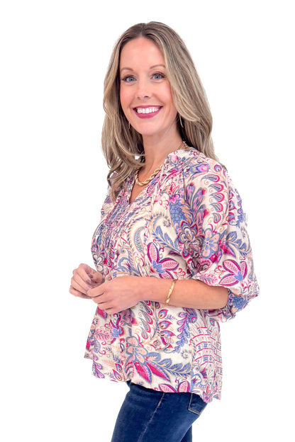 A New Season pink and blue paisley printed top - side model shot