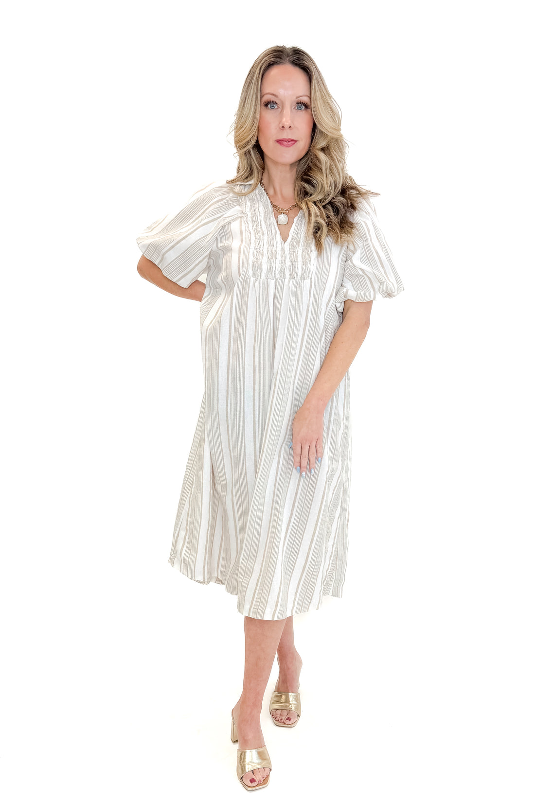 Front view of woman wearing Cream &amp; Khaki Striped Midi Dress against white studio background.