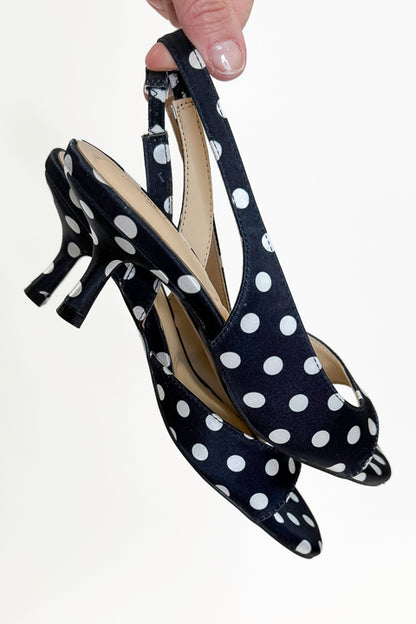 Keep- Black &amp; White Polka Dot Kitten Heels against white studio background.