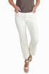 Front view of woman wearing Swagger Boutique’s Kelsey Ankle Flare Jeans In Ecru by Kut from the Kloth with top against white studio background.