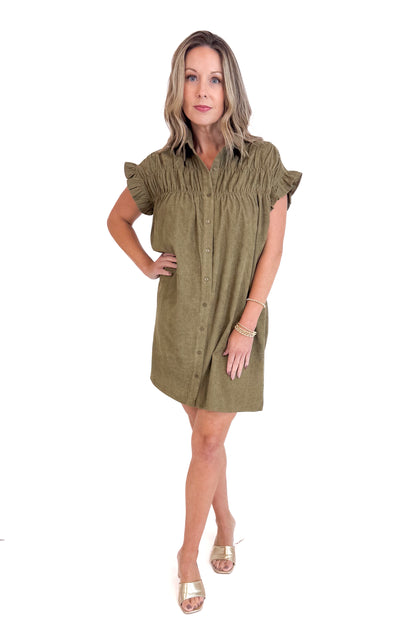 Made You Look Olive Corduroy Shirred Detail Button Up Dress