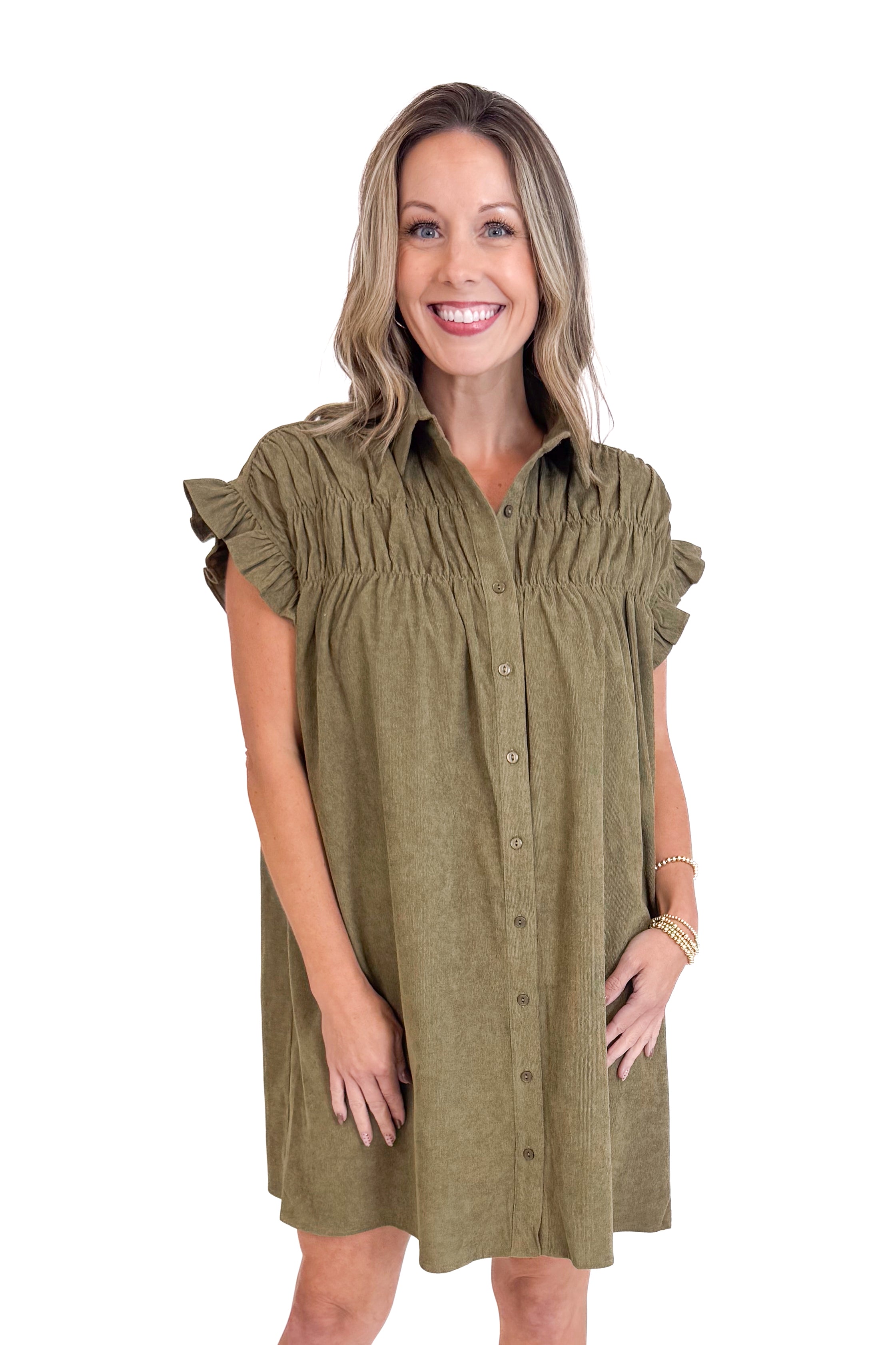 Made You Look Olive Corduroy Shirred Detail Button Up Dress