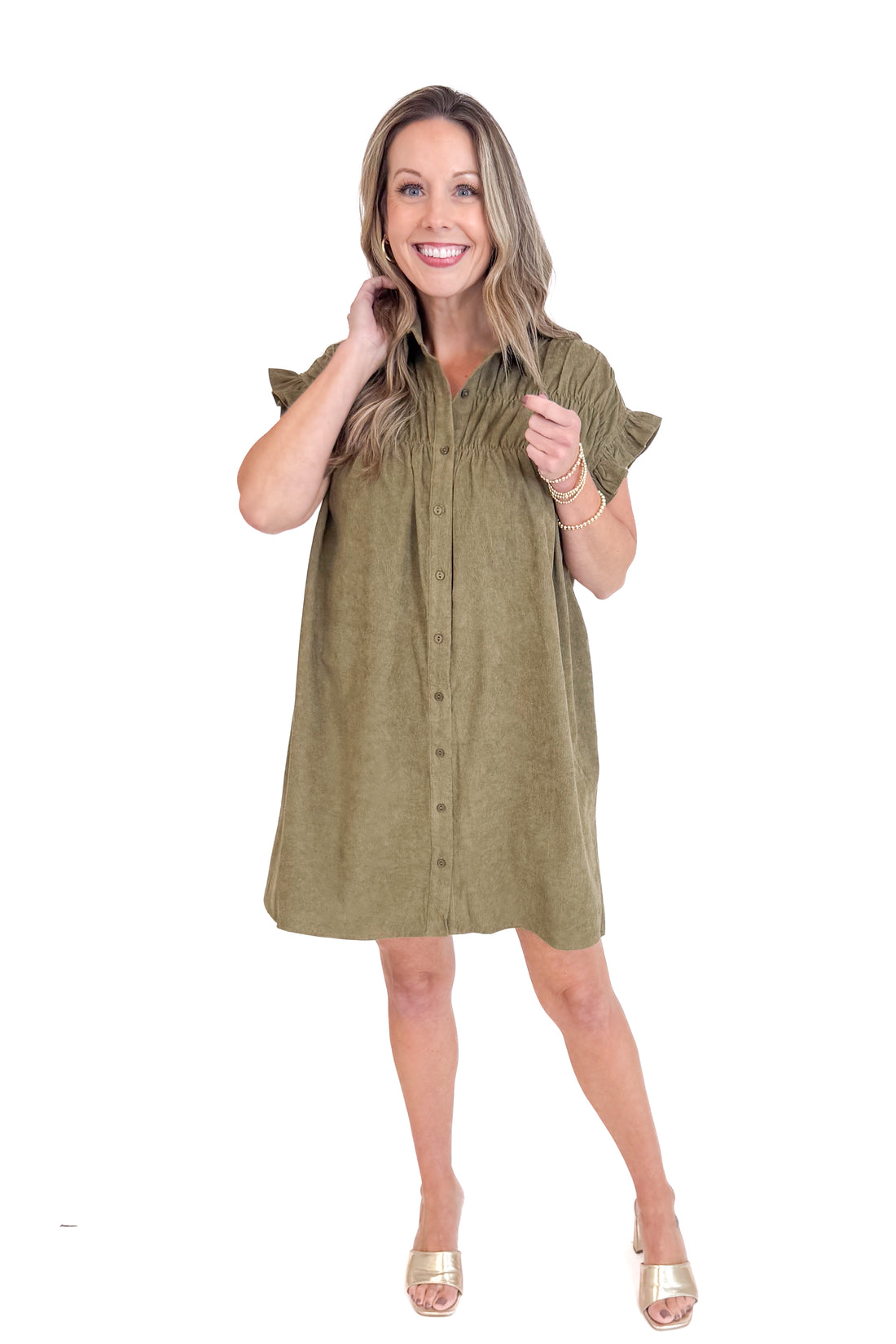 Made You Look Olive Corduroy Shirred Detail Button Up Dress