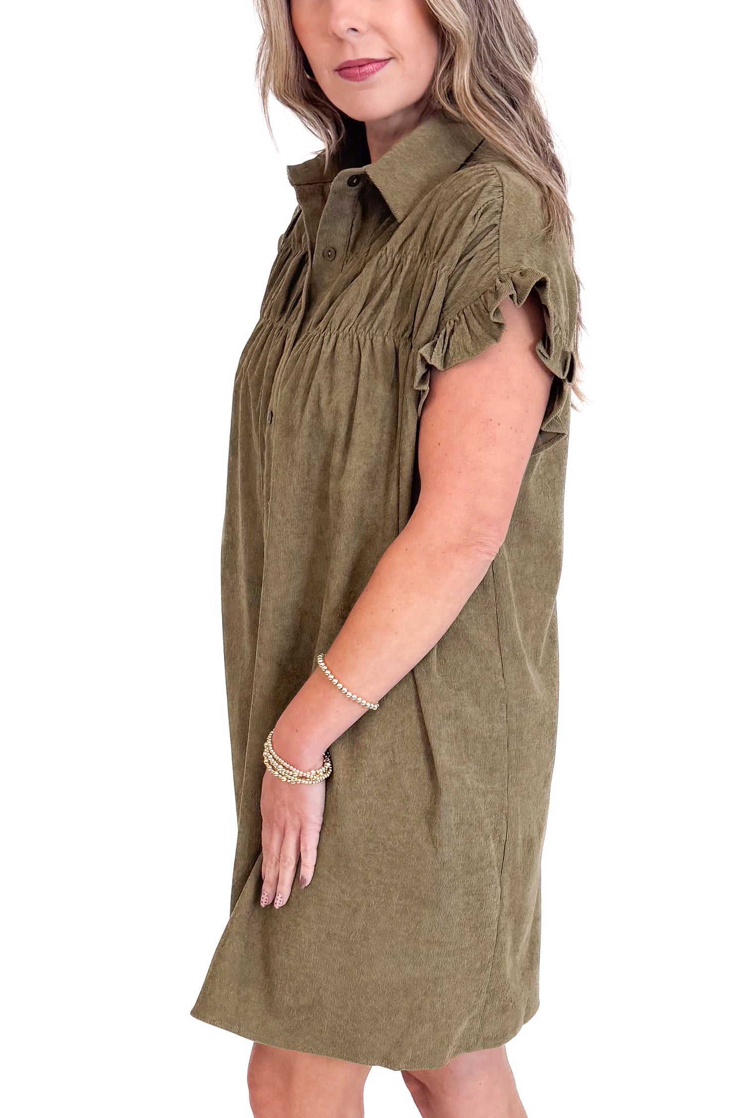 Made You Look Olive Corduroy Shirred Detail Button Up Dress