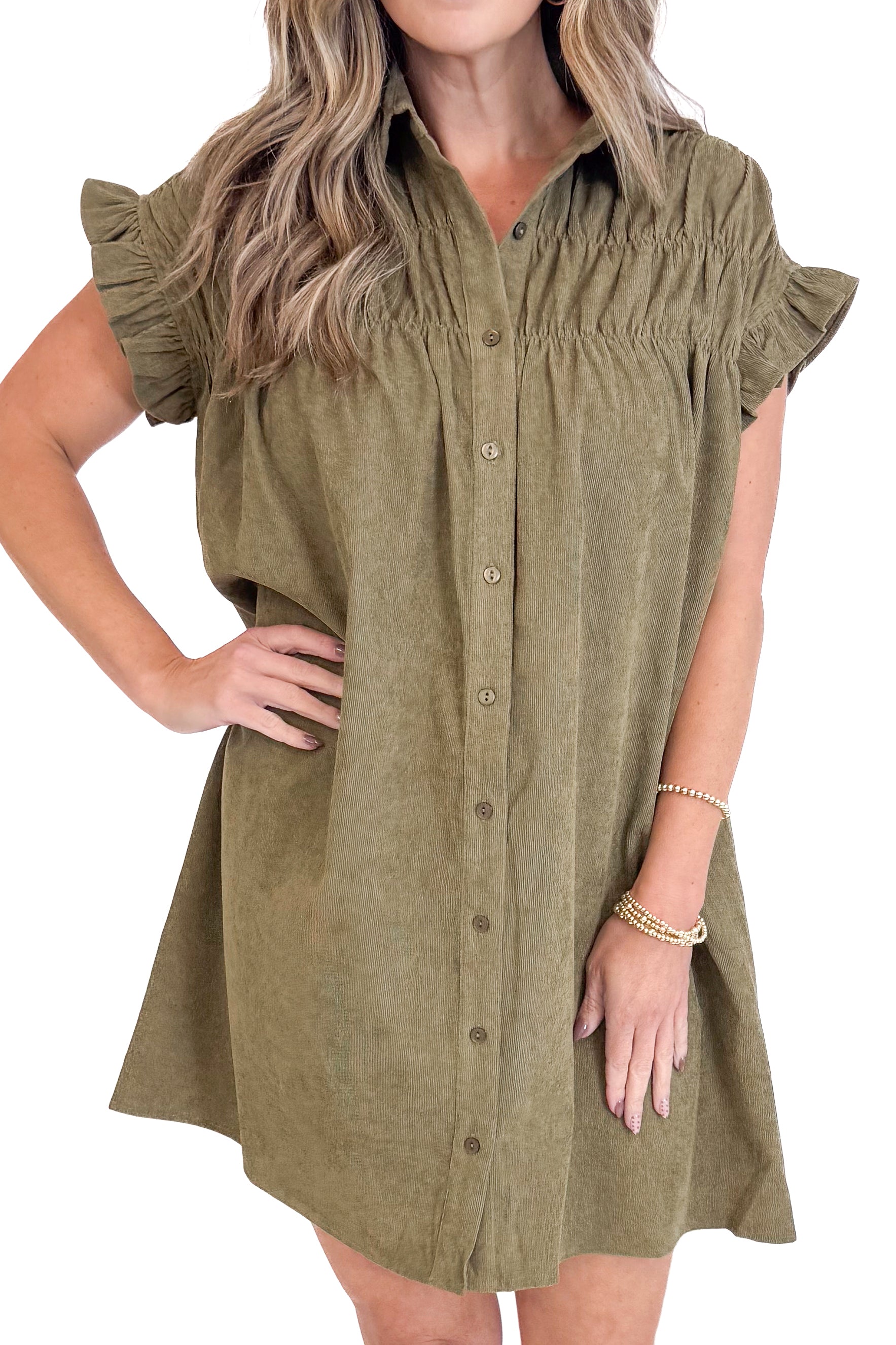 Made You Look Olive Corduroy Shirred Detail Button Up Dress