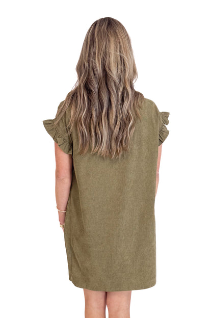 Made You Look Olive Corduroy Shirred Detail Button Up Dress