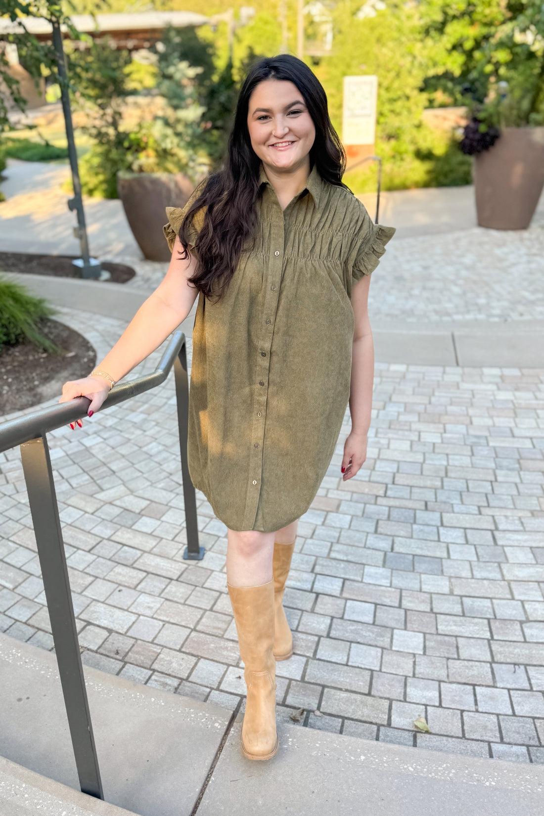 Made You Look Olive Corduroy Shirred Detail Button Up Dress