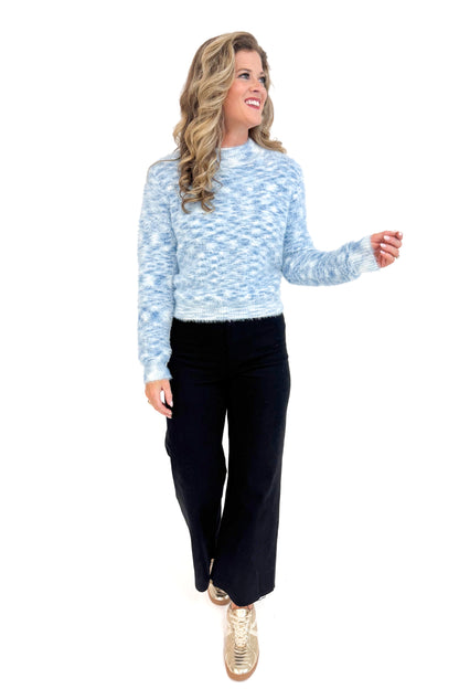 Outside The Lines blue fuzzy sweater - full front view on model