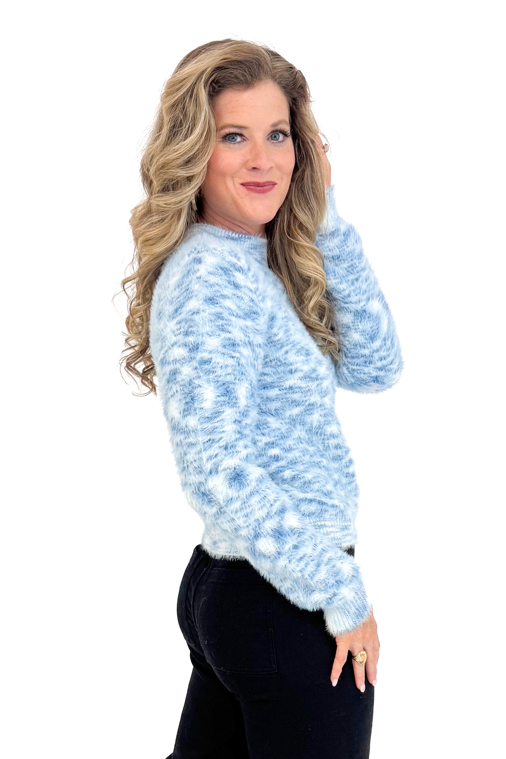Outside The Lines blue fuzzy sweater - side view on model