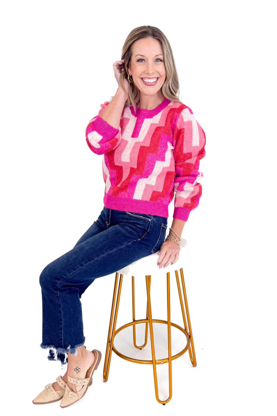 Just Because Fuchsia Multi Zig Zag Print Sweater