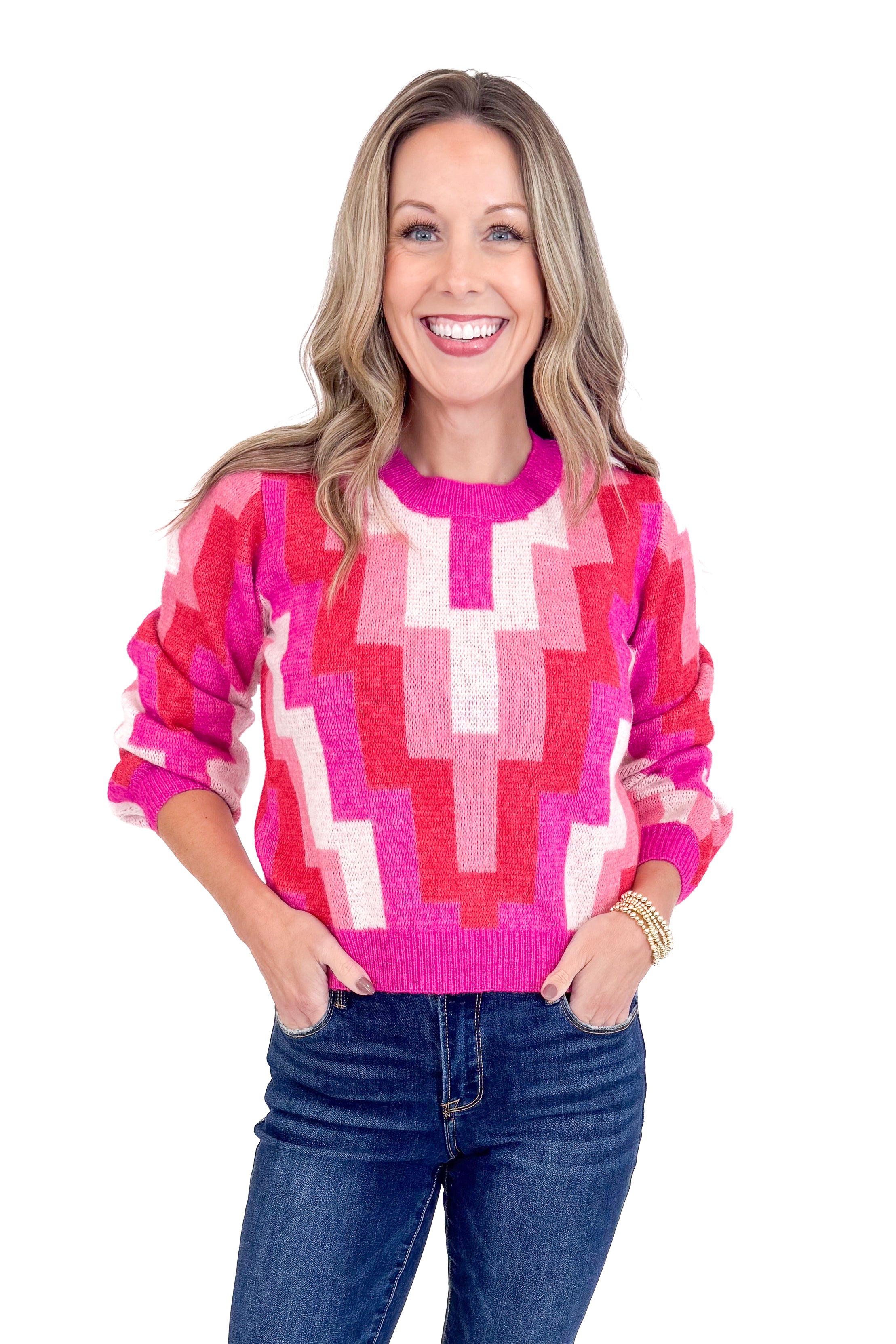 Just Because Fuchsia Multi Zig Zag Print Sweater
