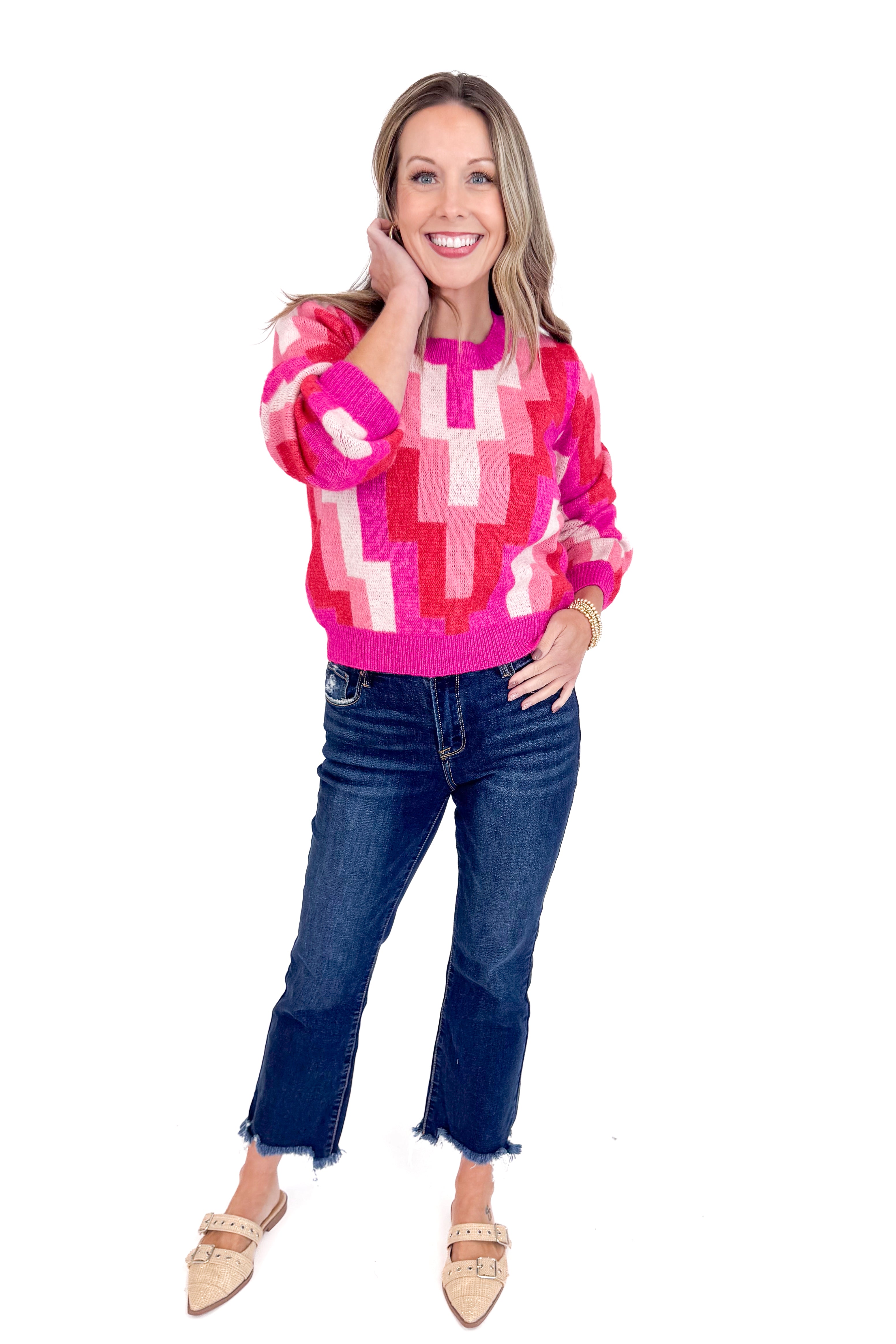 Just Because Fuchsia Multi Zig Zag Print Sweater