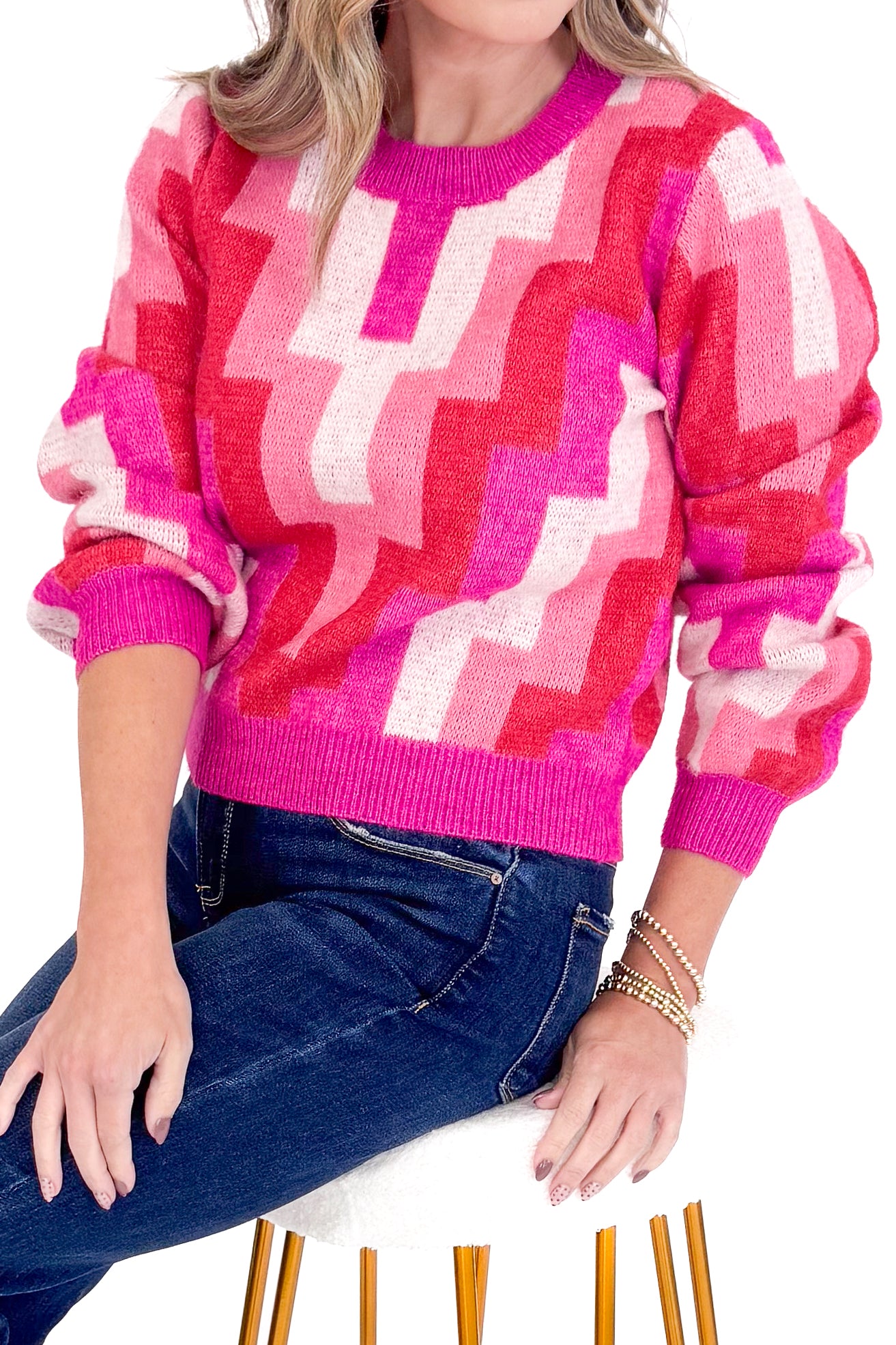 Just Because Fuchsia Multi Zig Zag Print Sweater