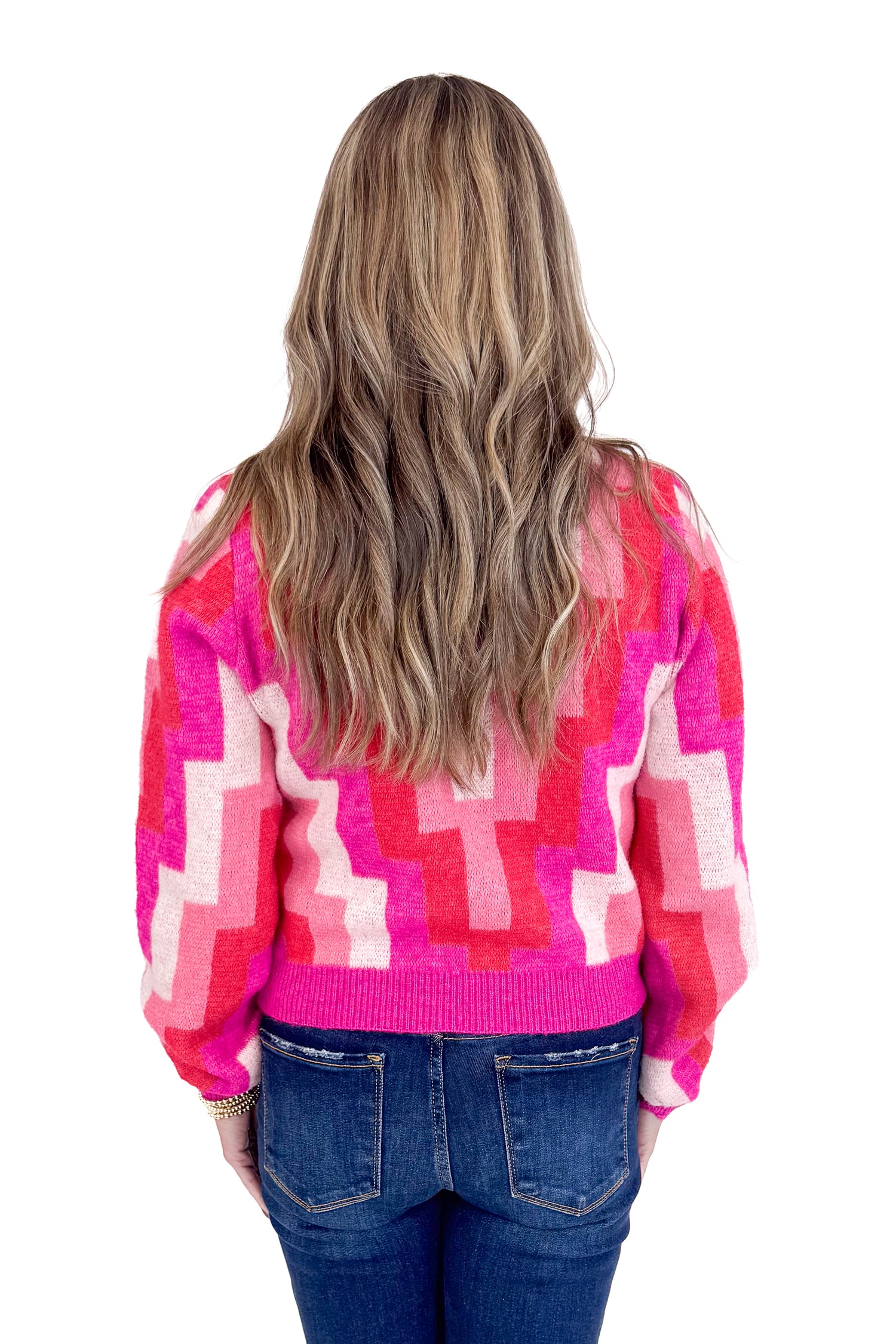 Just Because Fuchsia Multi Zig Zag Print Sweater