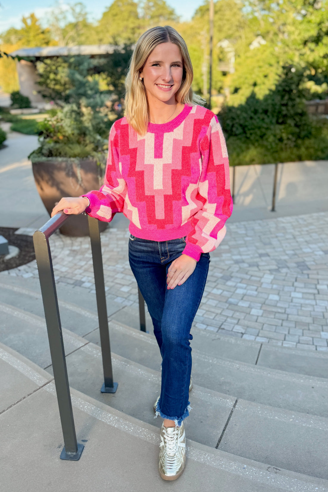 Just Because Fuchsia Multi Zig Zag Print Sweater