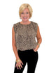 Front view of woman wearing Swagger Boutique’s Leopard Bubble Hem Top with jeans against white studio background.