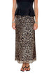 Front view of woman wearing Swagger Boutique’s Leopard Mesh Skirt with Black Mock Neck Pleat Waist Top by Entro against white studio background.