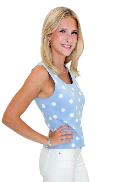 Side view of woman wearing Swagger Boutique’s Light Blue &amp; White Polka Dot Sweater Tank with jeans against white studio background.