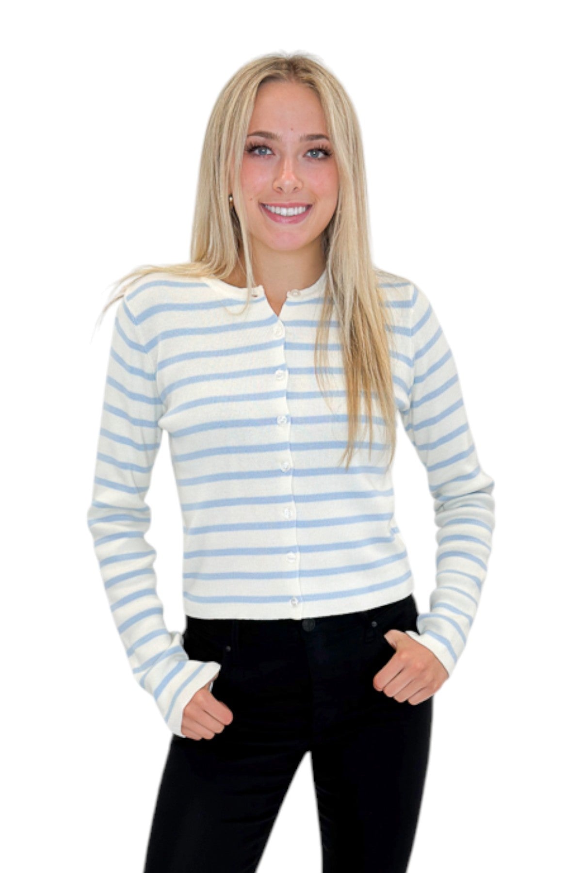 Front view of woman wearing Swagger Boutique’s Light Blue &amp; White Striped Button Up Cardigan with jeans against white studio background.