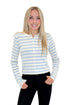 Front view of woman wearing Swagger Boutique’s Light Blue & White Striped Button Up Cardigan with jeans against white studio background.