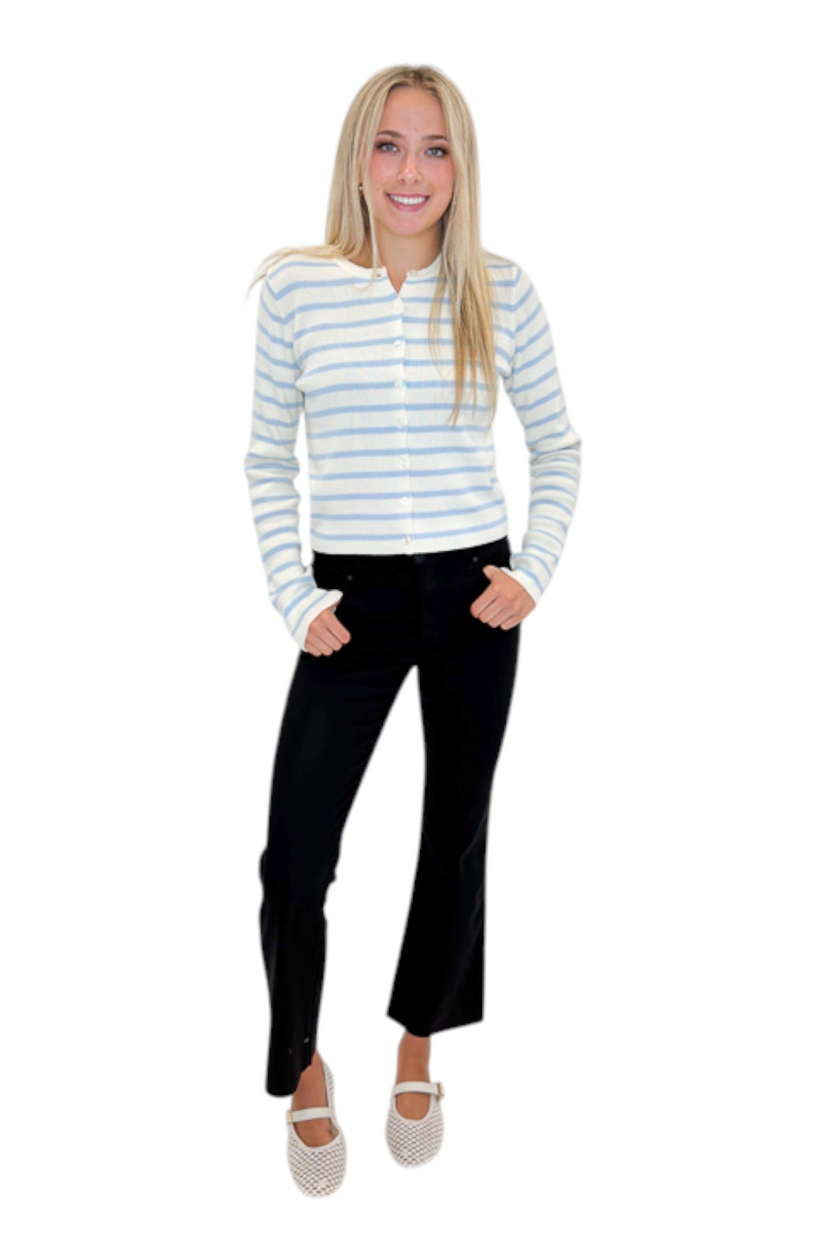 Front view of woman wearing Swagger Boutique’s Light Blue &amp; White Striped Button Up Cardigan with jeans against white studio background.