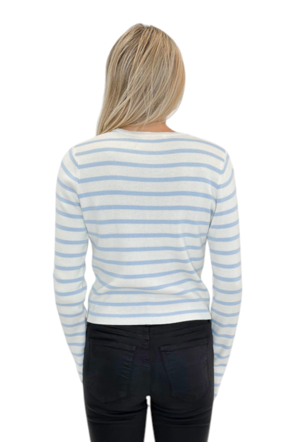 Back view of woman wearing Swagger Boutique’s Light Blue &amp; White Striped Button Up Cardigan with jeans against white studio background.