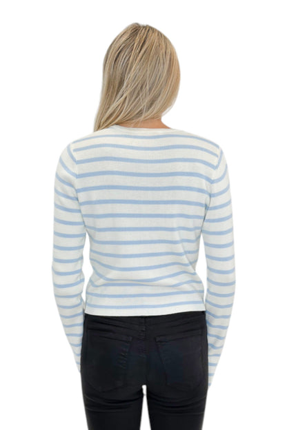 Back view of woman wearing Swagger Boutique’s Light Blue &amp; White Striped Button Up Cardigan with jeans against white studio background.