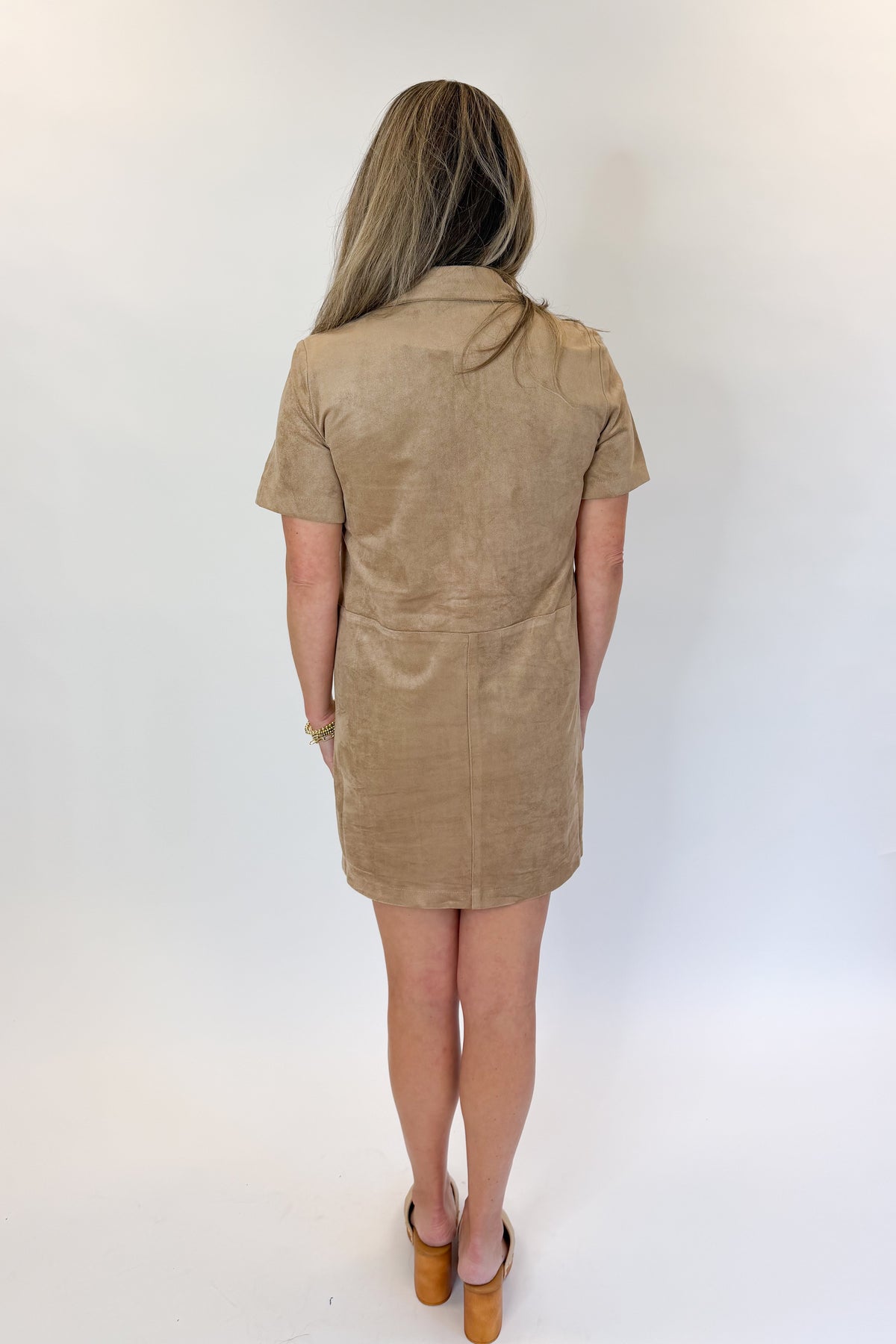 Back view of woman wearing Swagger Boutique’s Light Sand Leone Suede Mini Dress by Zsupply against white studio background.