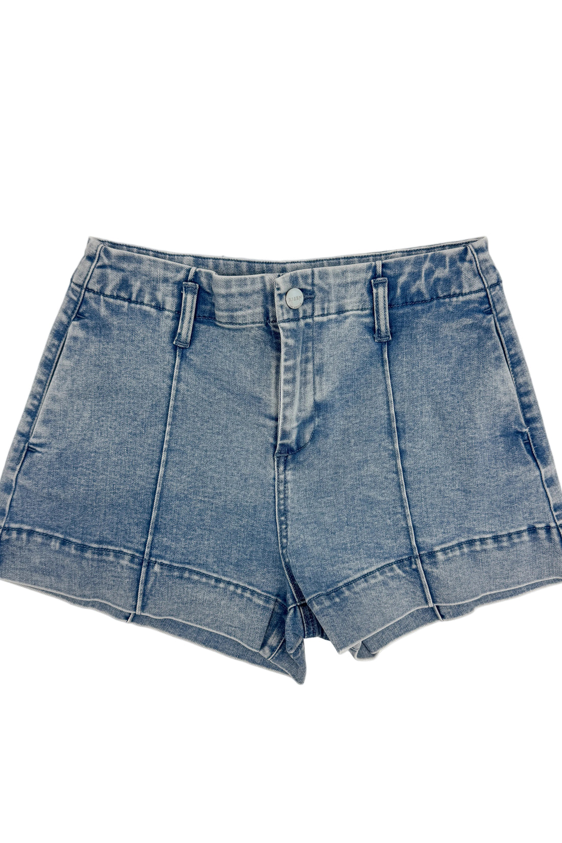  Swagger Boutique’s Light Wash Seamed Denim Shorts against white studio background.