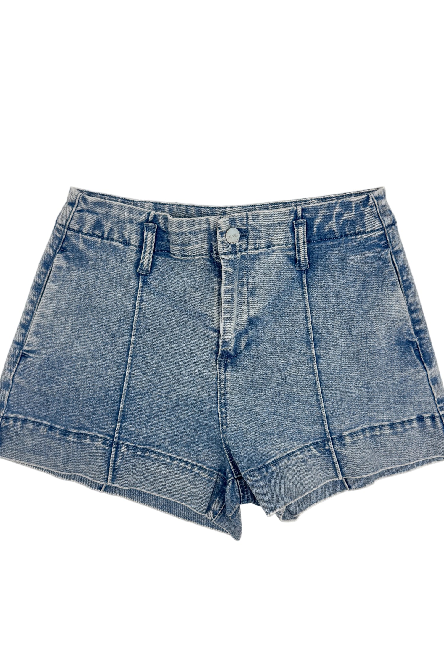  Swagger Boutique’s Light Wash Seamed Denim Shorts against white studio background.