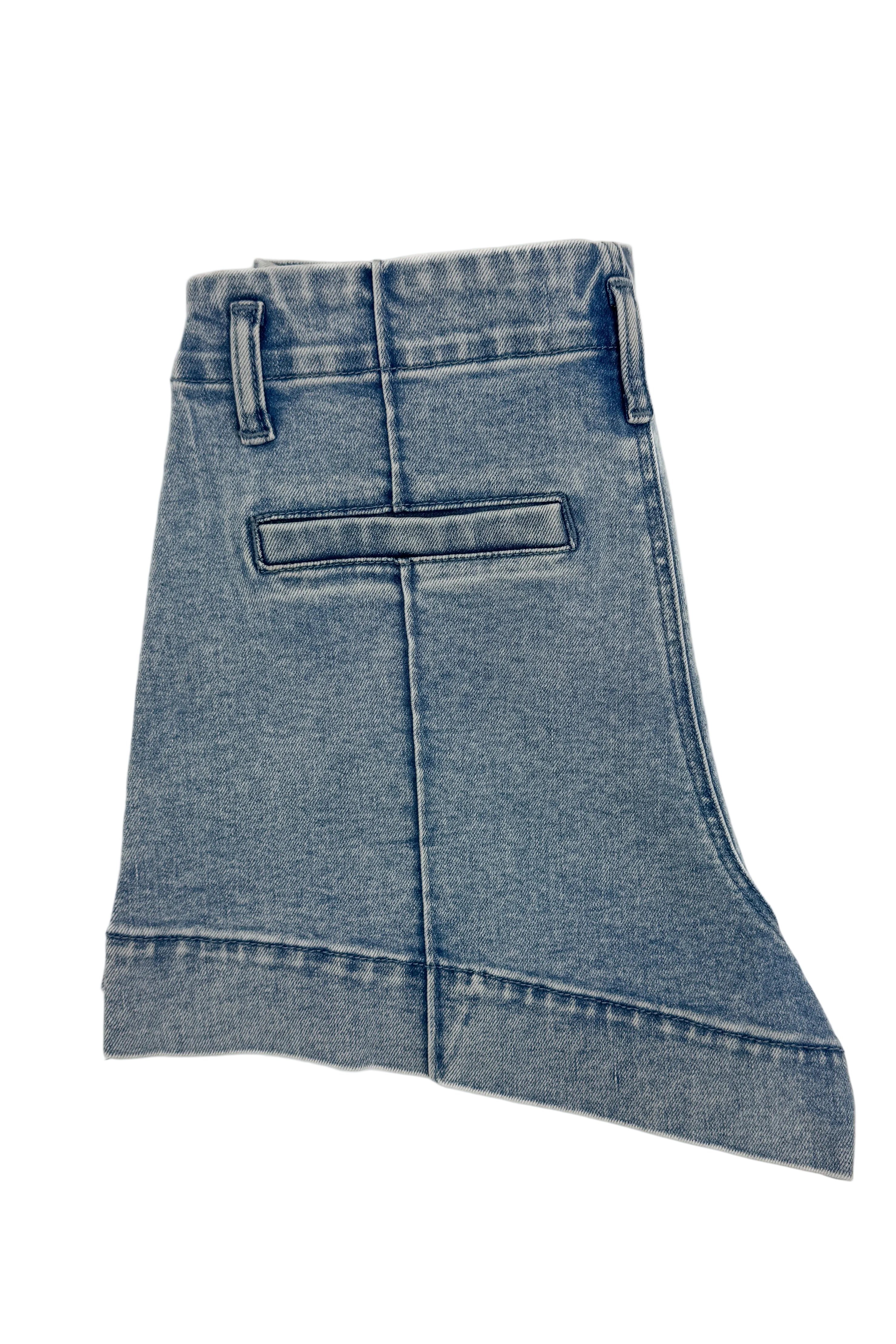 Swagger Boutique’s Light Wash Seamed Denim Shorts against white studio background.