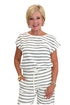 Front view of woman wearing Swagger Boutique’s Light Grey Striped Short Sleeve Top with matching Light Grey Striped Lounge Pants against white studio background.