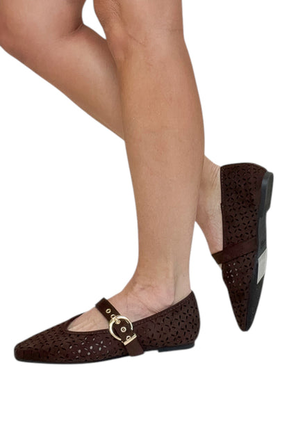 Linda- Dark Brown Suede Flats side view