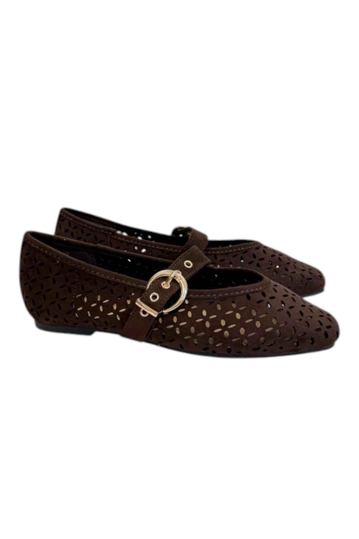 Linda- Dark Brown Suede Flats side view