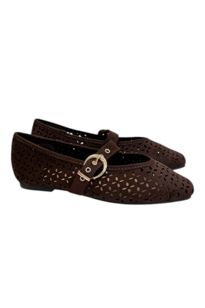 Linda- Dark Brown Suede Flats side view