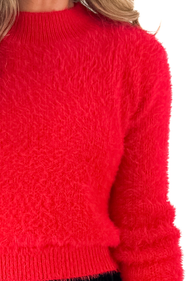Front detailed view of woman wearing Red Mock Neck Eyelash Sweater with black skirt against white studio background.