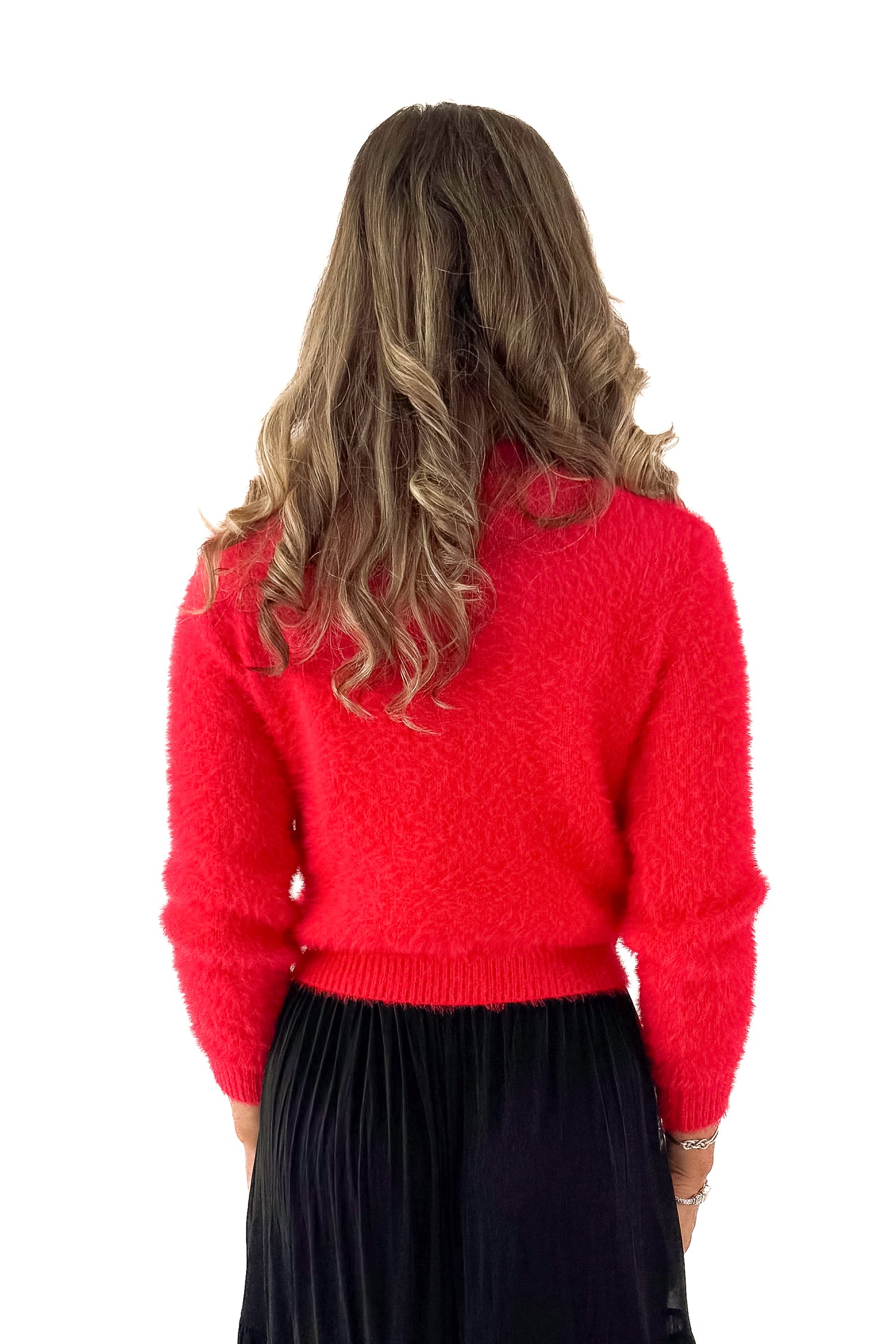 Back view of woman wearing Red Mock Neck Eyelash Sweater with black skirt against white studio background.