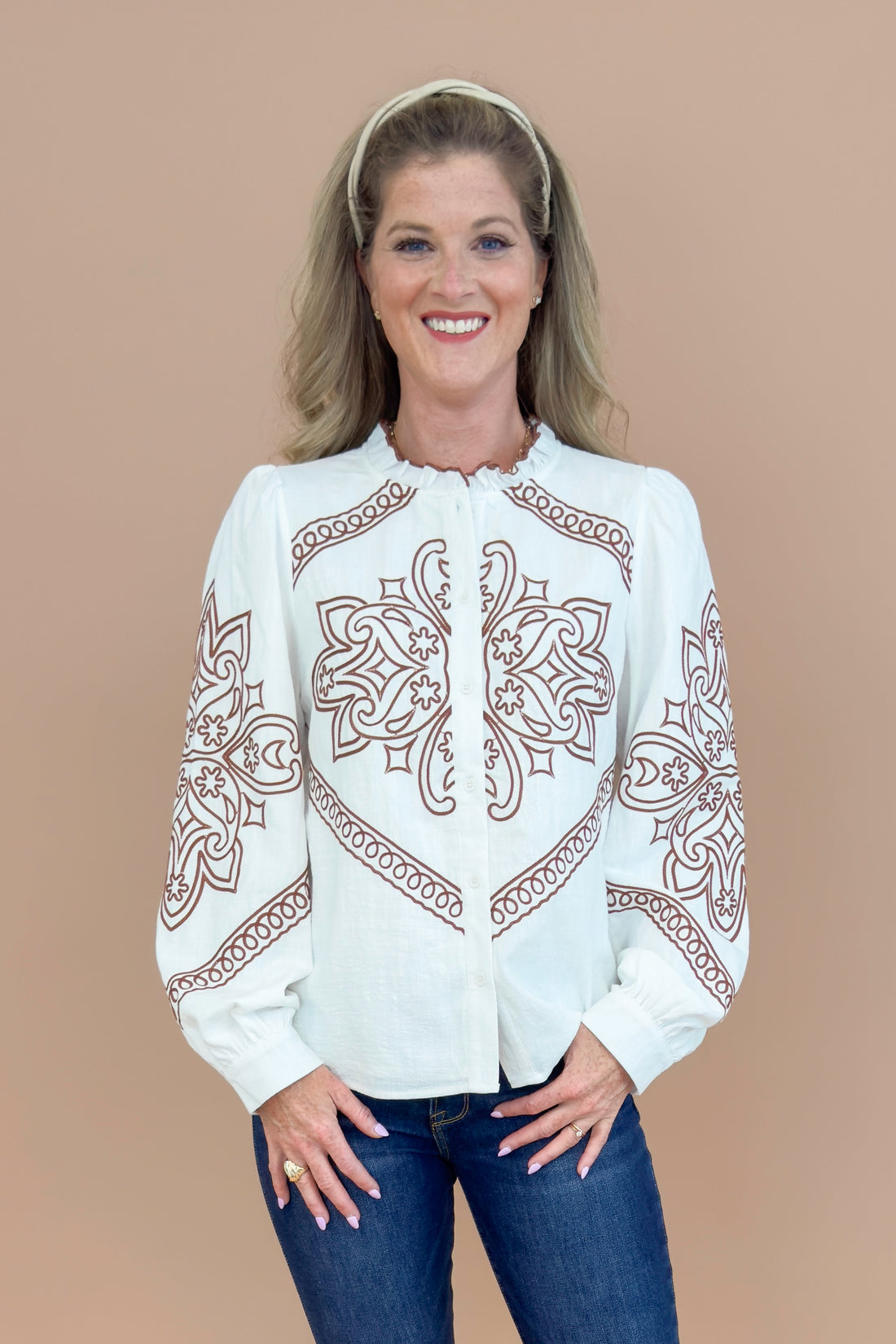 Chai Time Ivory &amp; Brown Embroidered Detail Top
