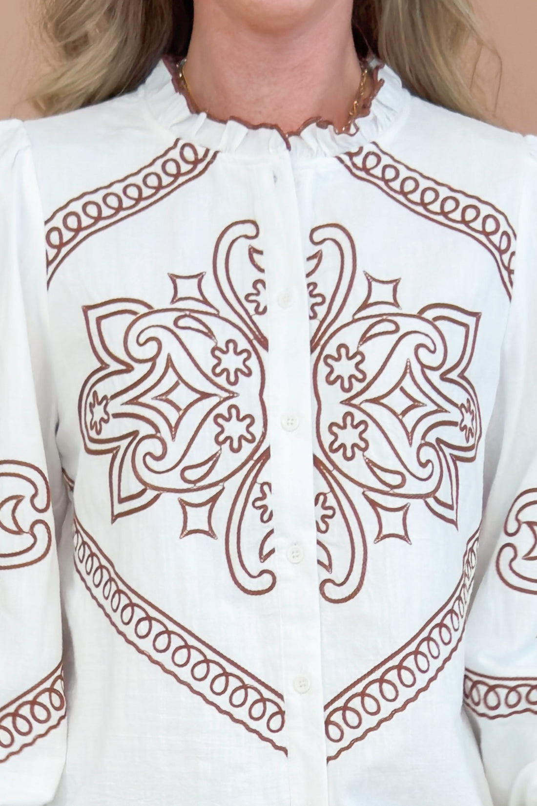 Chai Time Ivory &amp; Brown Embroidered Detail Top
