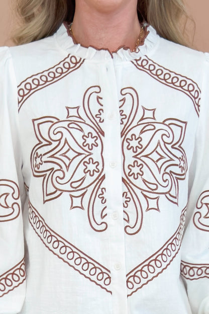 Chai Time Ivory &amp; Brown Embroidered Detail Top