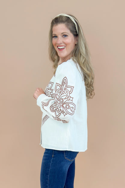 Chai Time Ivory &amp; Brown Embroidered Detail Top