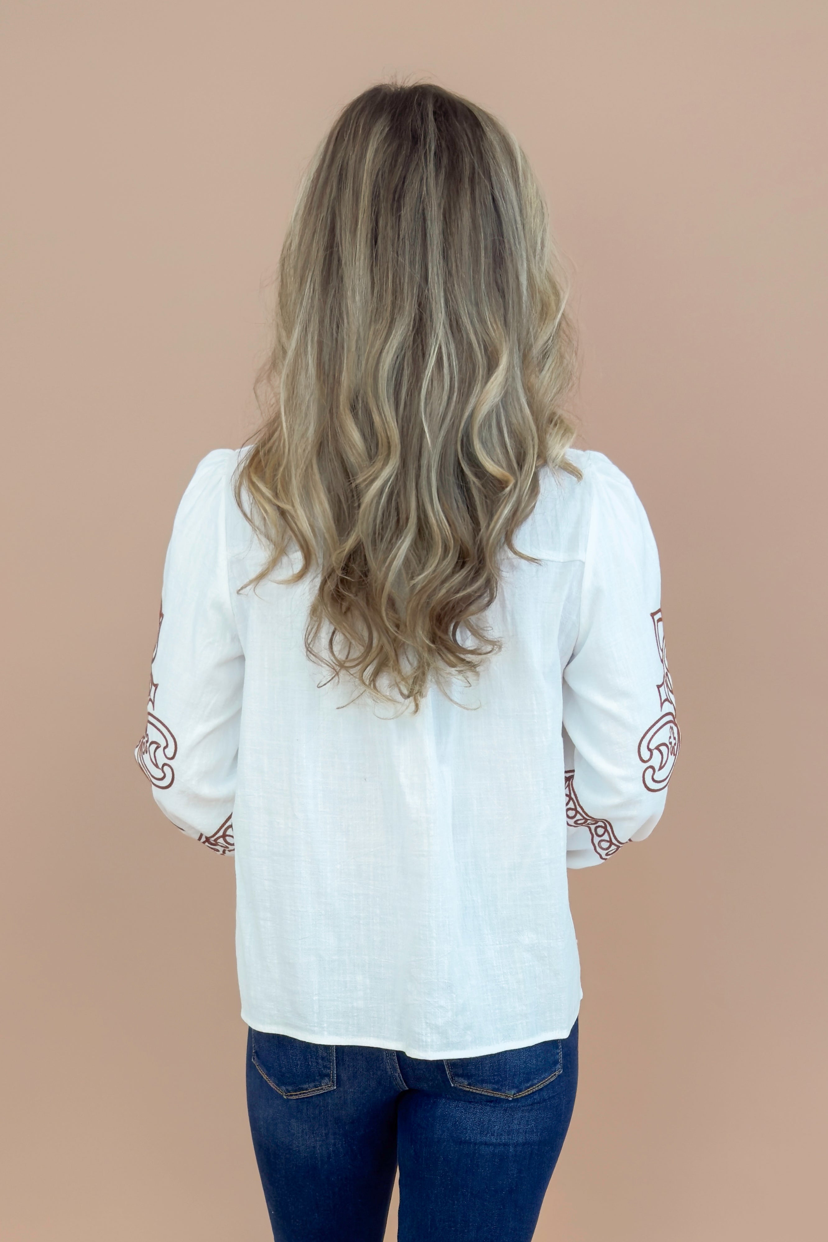 Chai Time Ivory &amp; Brown Embroidered Detail Top