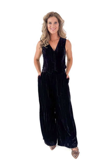 Front view of woman wearing Black Textured Velvet Wide Leg Pants and matching tank against white studio background.