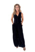 Front view of woman wearing Black Textured Velvet Wide Leg Pants and matching tank against white studio background.