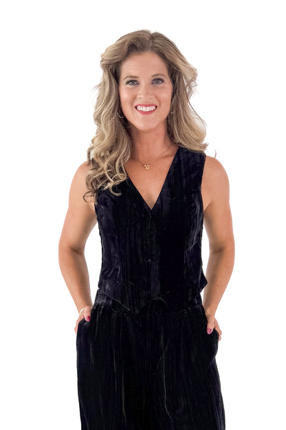 Front view of woman wearing Black Textured Velvet Wide Leg Pants and matching tank against white studio background.