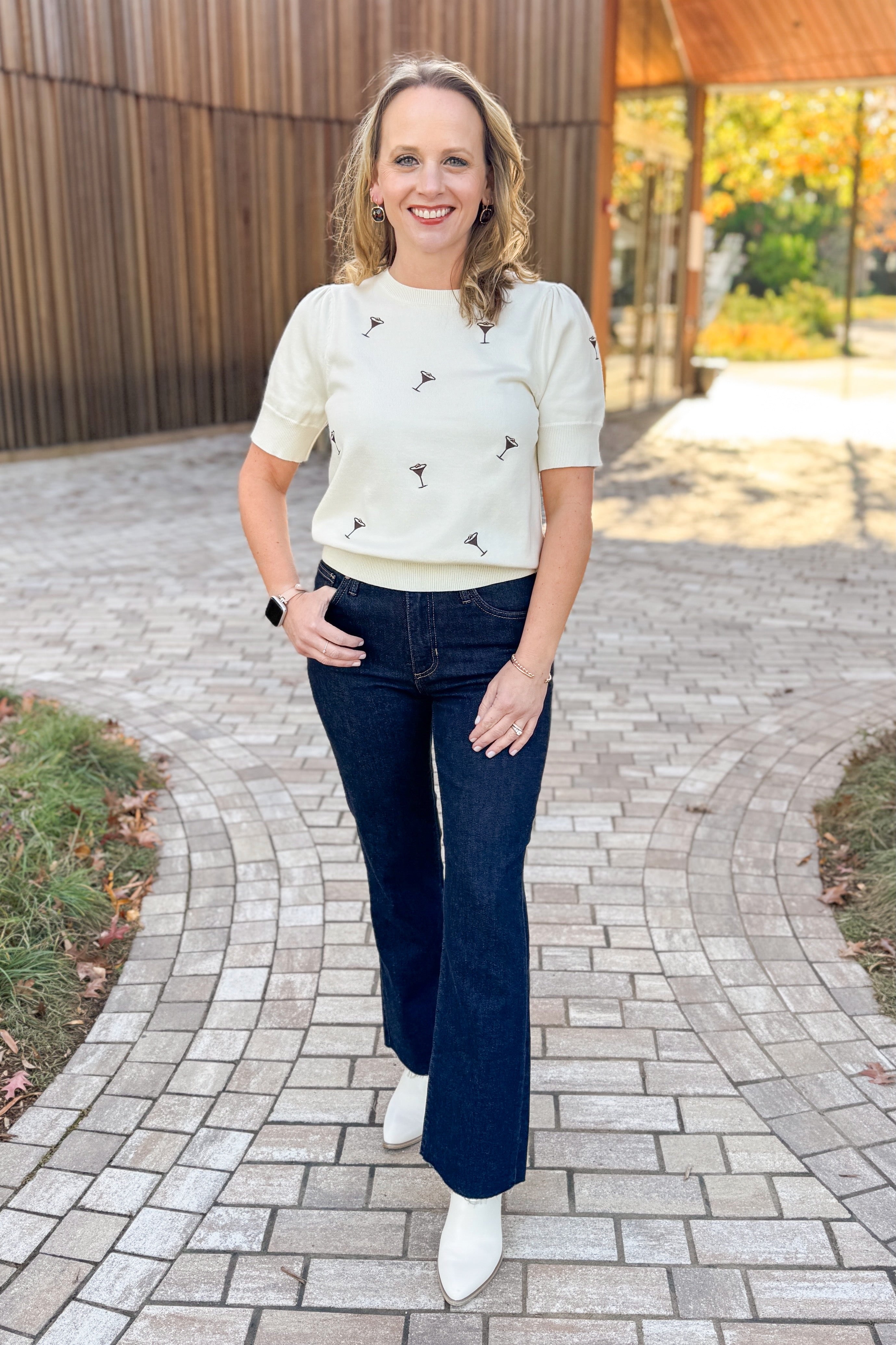 Sip In Style espresso martini embroidered short sleeve sweater - front view on model outside