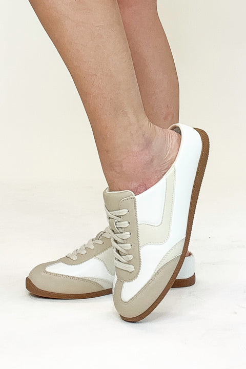 Mackay- White &amp; Beige Slip On Sneakers side view against white background.