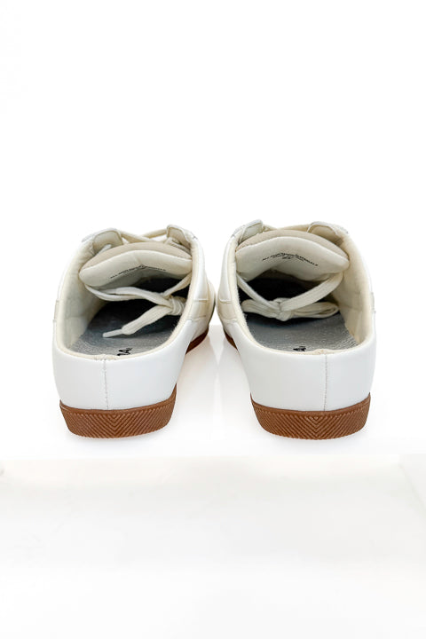 Mackay- White &amp; Beige Slip On Sneakers back view against white background.