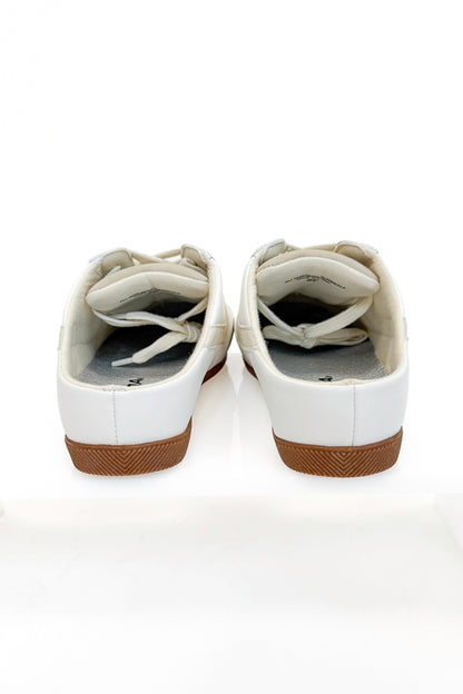 Mackay- White &amp; Beige Slip On Sneakers back view against white background.